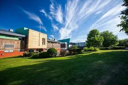 Building with green and wooden facades, on a grassy lawn under a blue sky with streaky white clouds.
