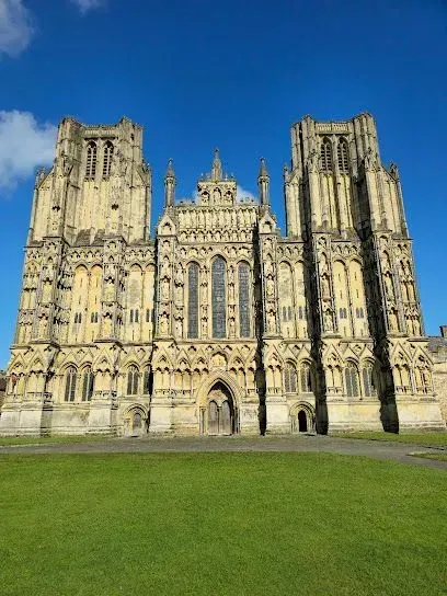 Large, ornate stone cathedral with twin towers against a clear blue sky, standing on a green lawn.