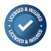 Blue circle badge with checkmark, text 