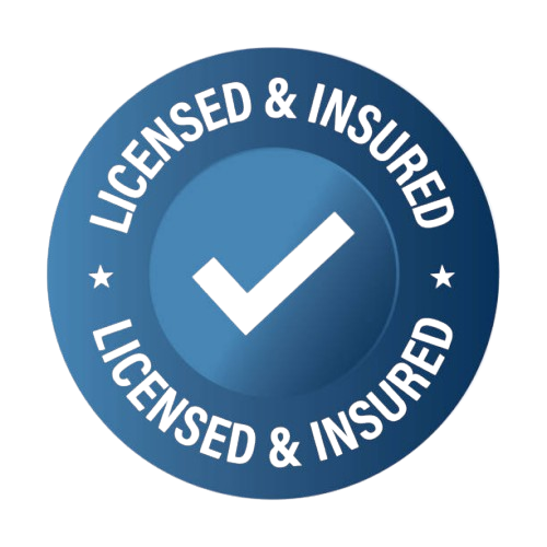 Blue circle badge with checkmark, text