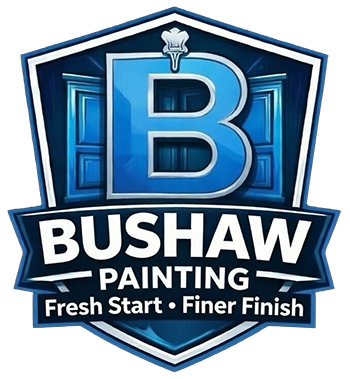 Logo for Bushaw Painting Co, featuring a paintbrush over a house silhouette, with text: Fresh Start Finer Finish.