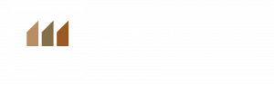 Logo with three buildings in brown hues.