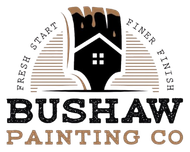 Logo for Bushaw Painting Co, featuring a paintbrush over a house silhouette, with text: Fresh Start Finer Finish.