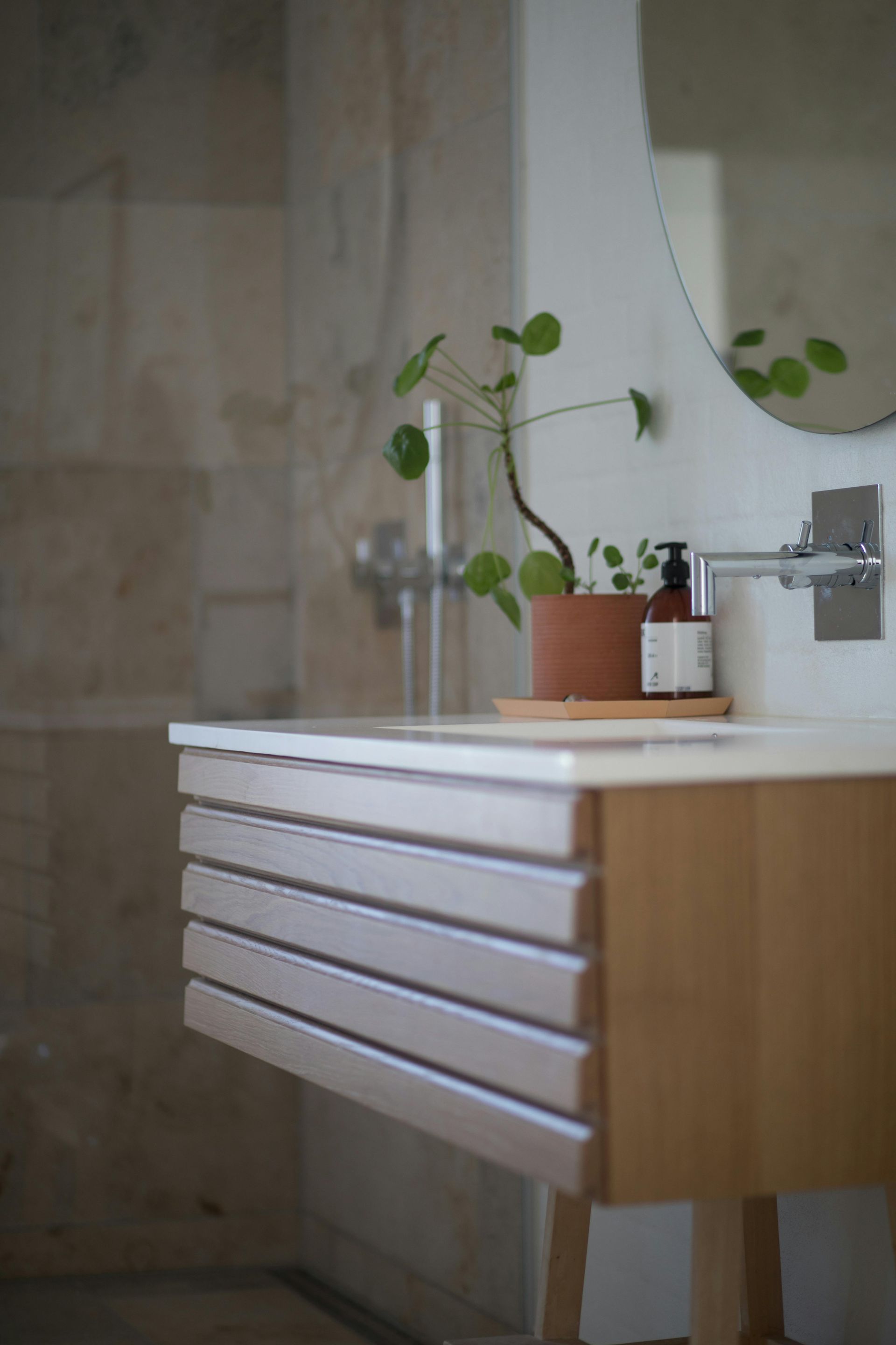 Modern bathroom vanity with a plant, mirror, and soap dispenser.