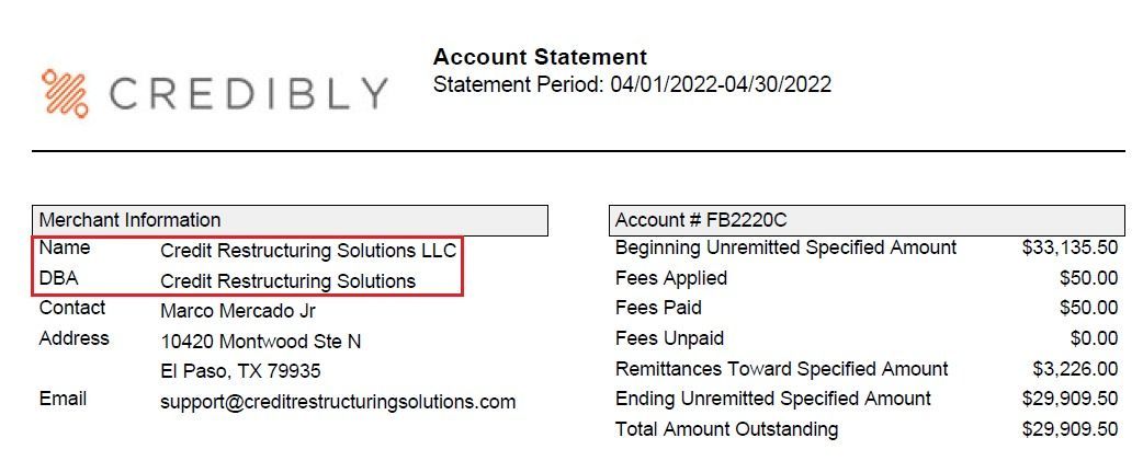 Account Statement - El Paso, TX - Credit Restructuring Solutions LLC