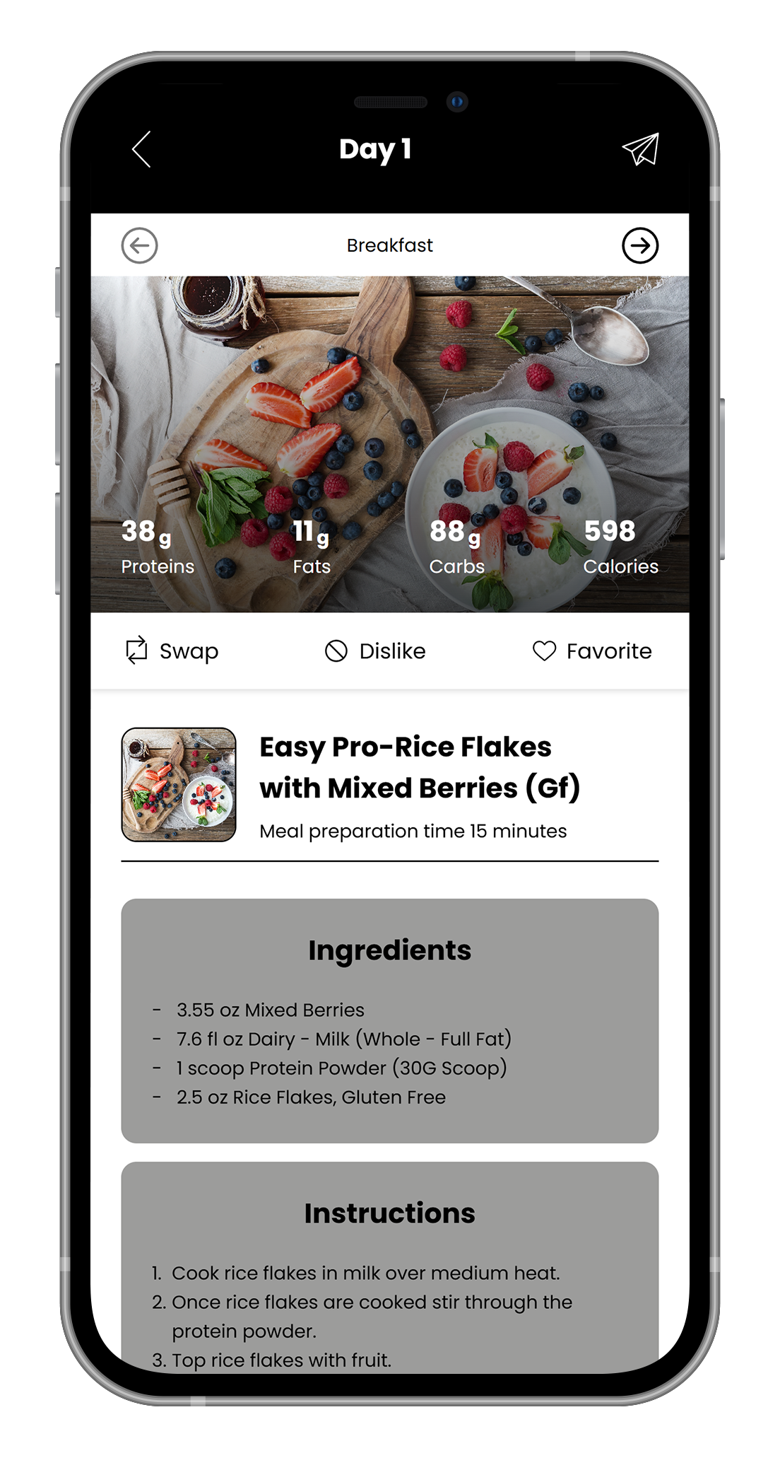 A cell phone displaying a recipe for easy pro rice flakes