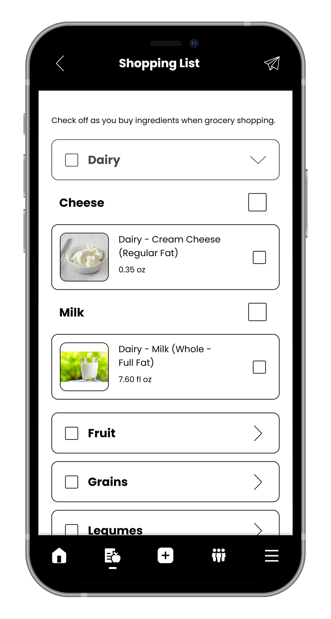A cell phone with a shopping list on the screen.