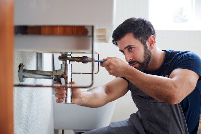 Plumber tightening a pipe under a sink with a wrench in a home kitchen