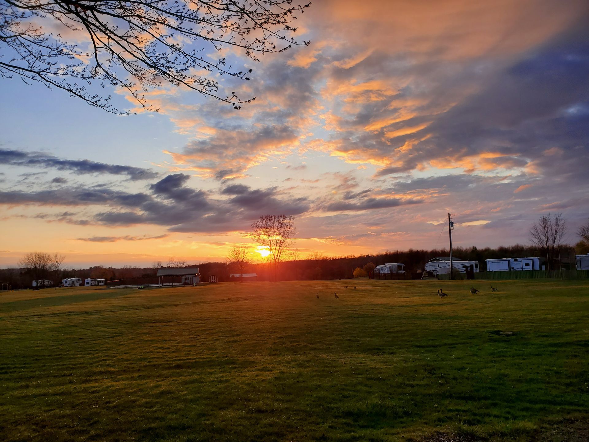 a sunset over a grassy field with a house in the background