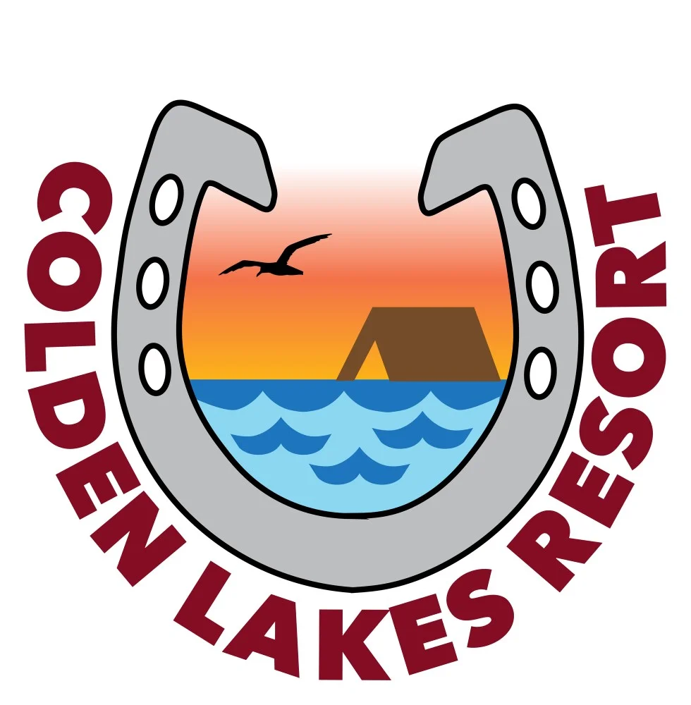 the logo for Colden lakes resort shows a horseshoe with a tent in the water