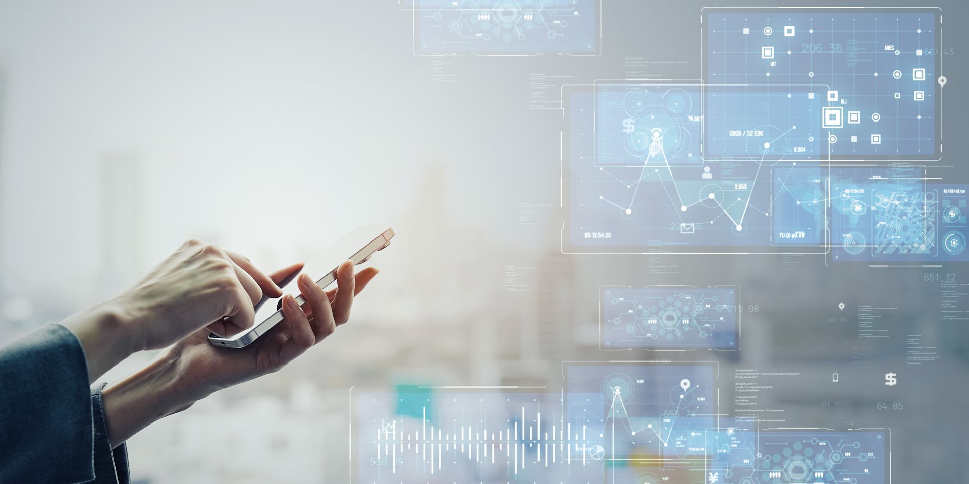 SaaS & B2B: Woman holding phone with floating screens 