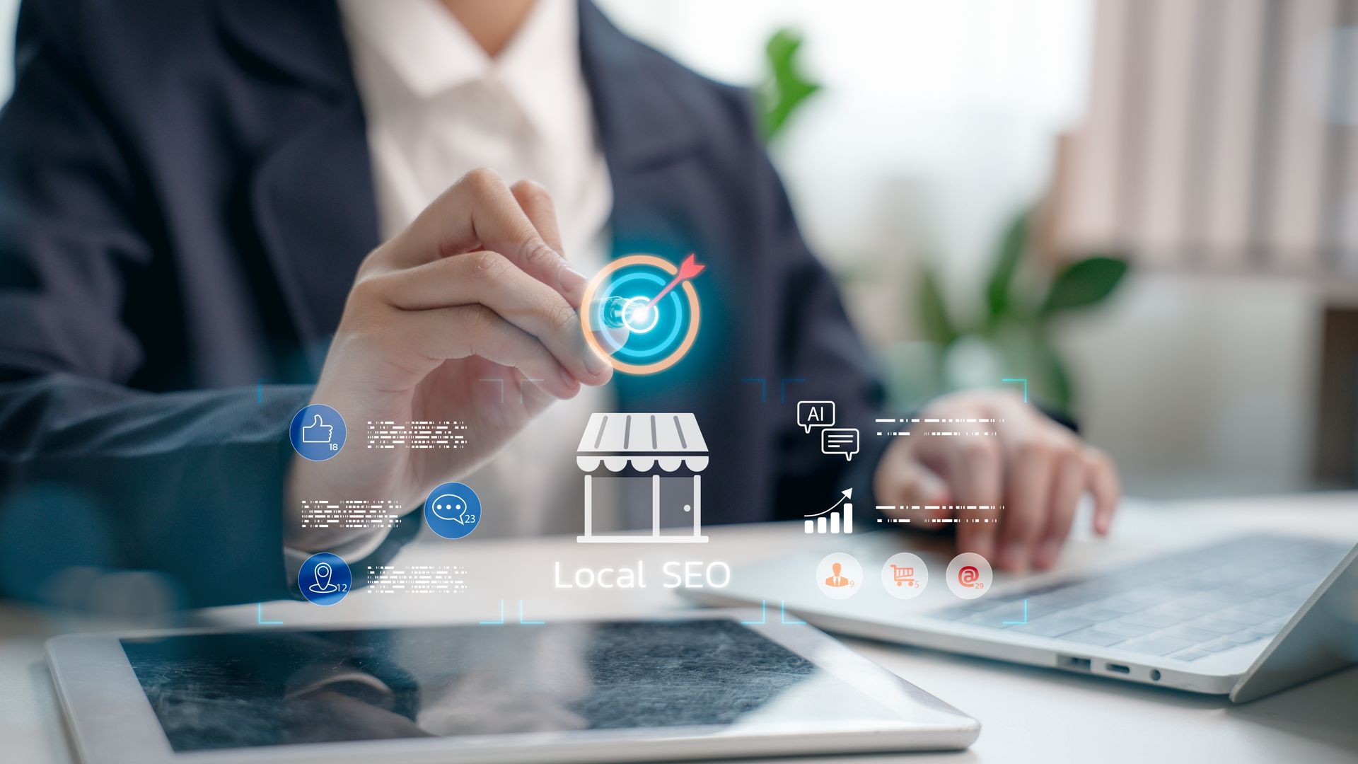 Woman using ai tools for SEO sitting at desk