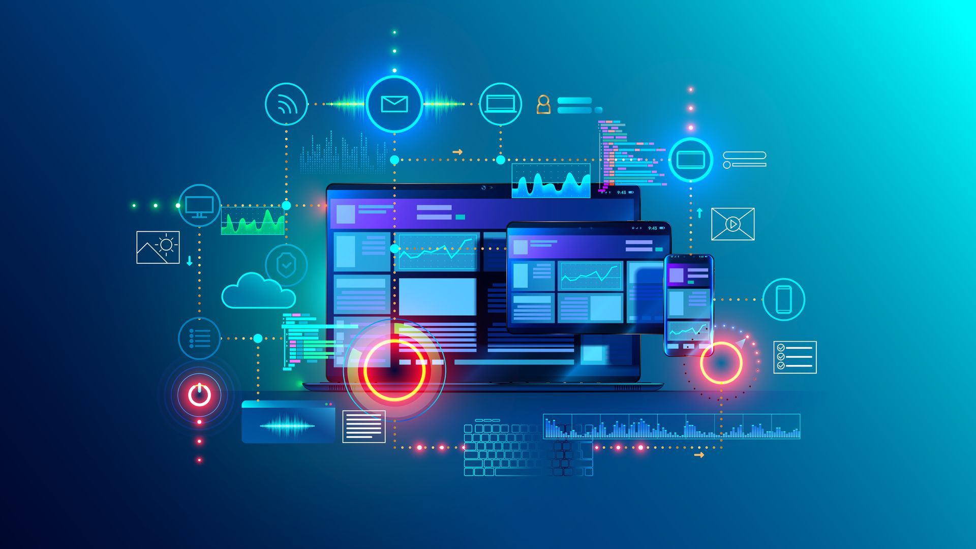 Laptop with blue background with icons floating in the air