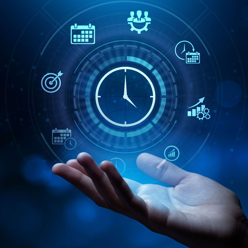 Hand and  clock floating in the air