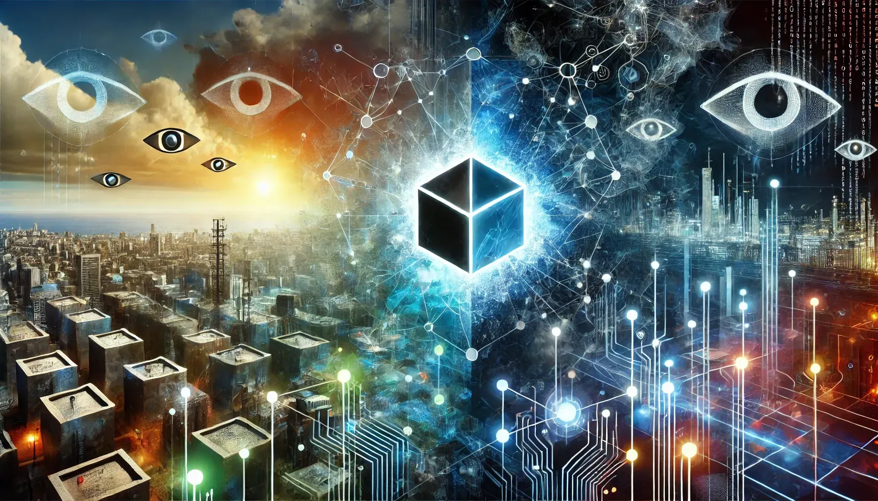 glowing box with floating eyes hovering over buildings