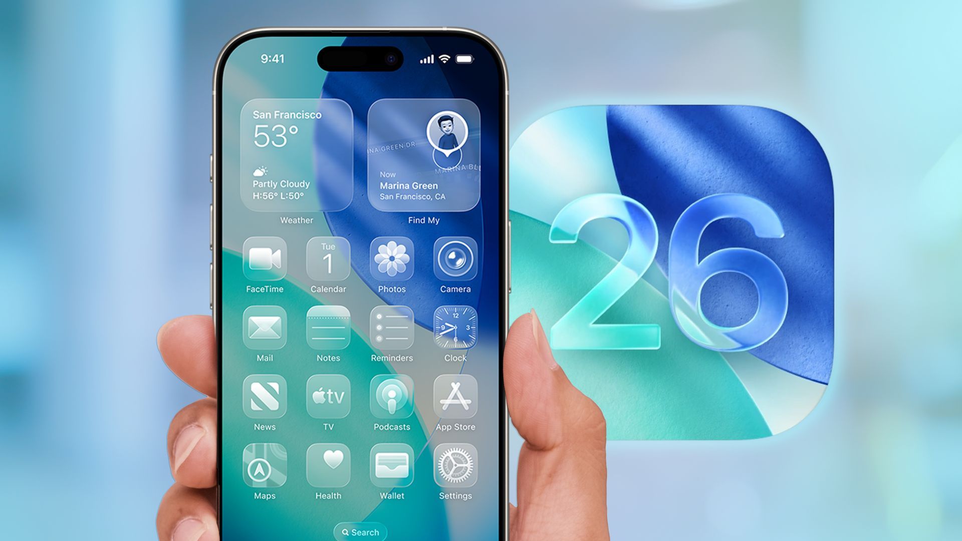 Hand holding iphone with ios26