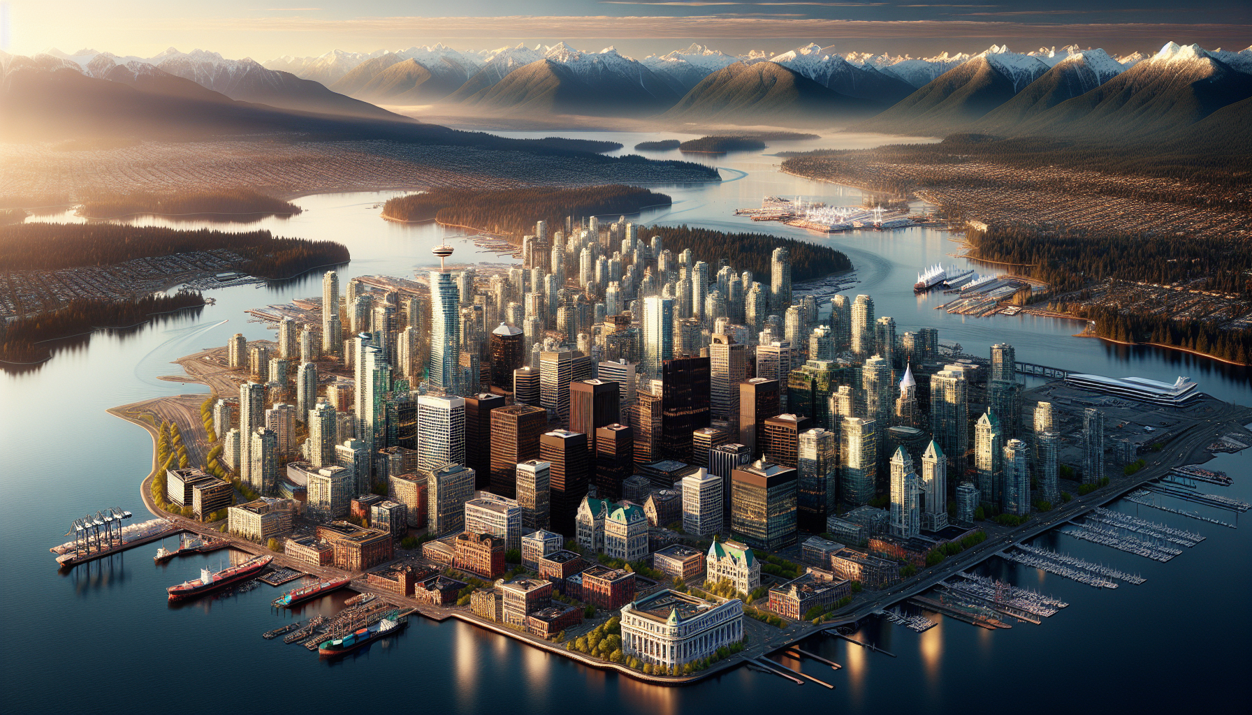 An aerial view of a city surrounded by water and mountains.
