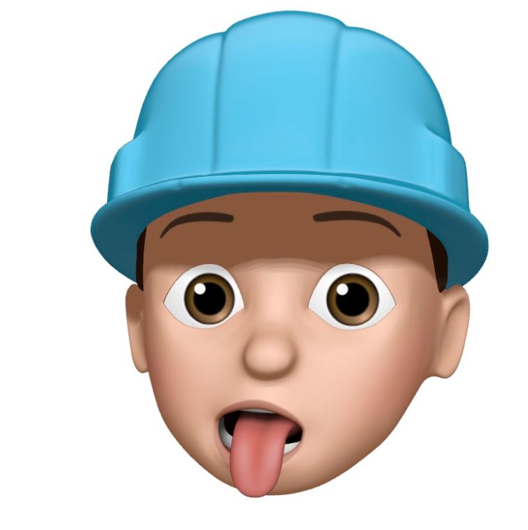 Person with light skin wearing a blue hard hat, sticking tongue out, eyes wide open.