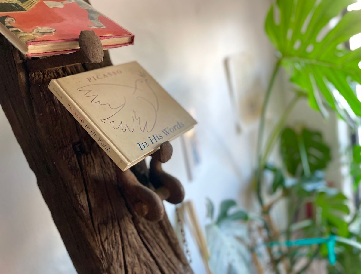 Books on a wooden shelf, a Picasso