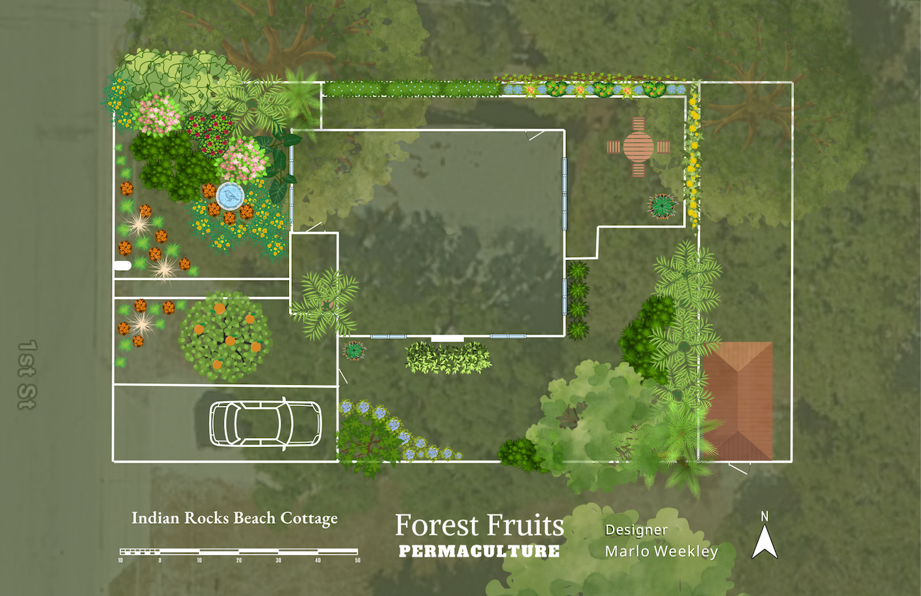 Top-down view of a Forest Fruits Permaculture garden layout with a house, driveway, and various planting zones.