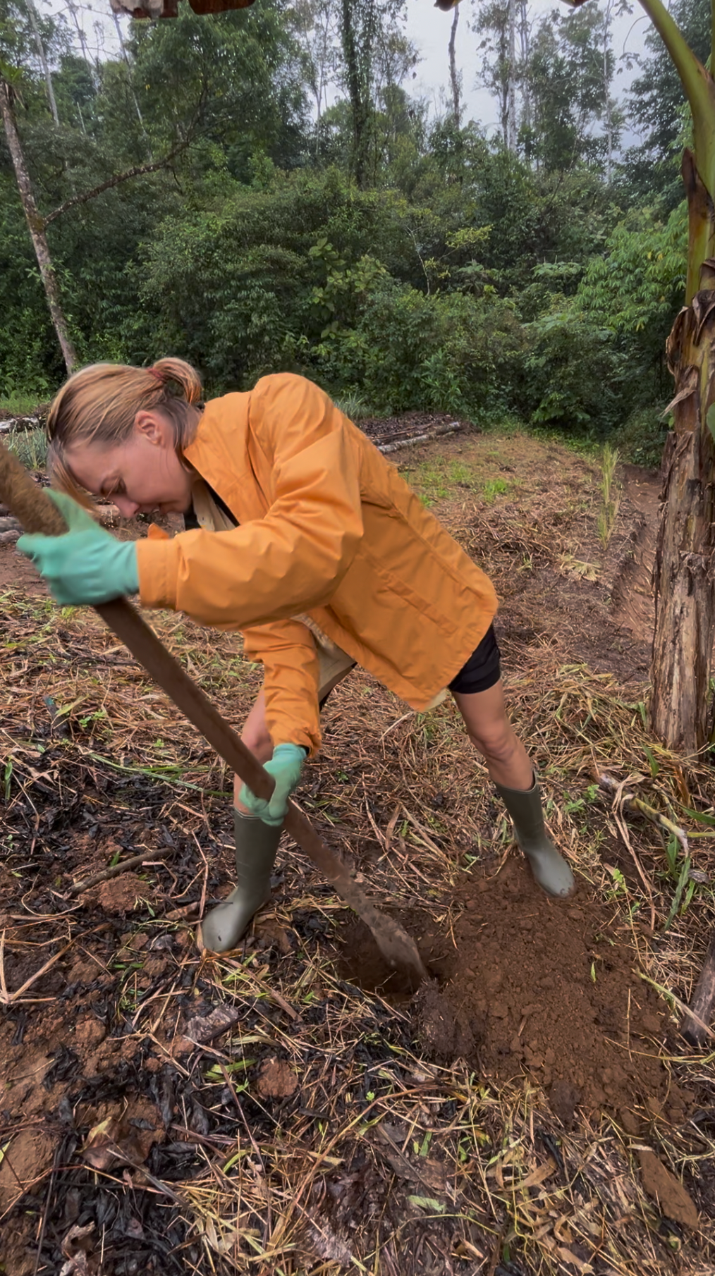 Marlo Weekley in yellow rain jacket and green gloves digging a hole for a tree planting in a muddy tropical landscape.