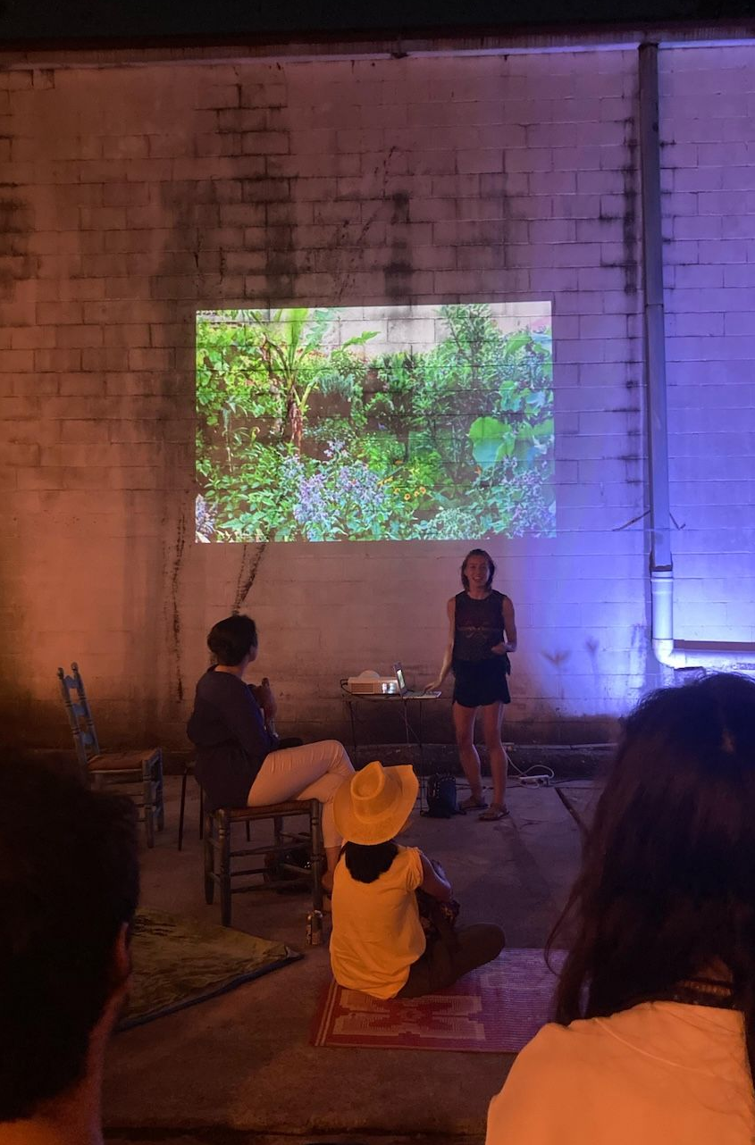 Marlo presenting to an audience at night in the garden space, projecting image of a permaculture garden on a brick wall. Attendees sit on chairs and mats on the ground.