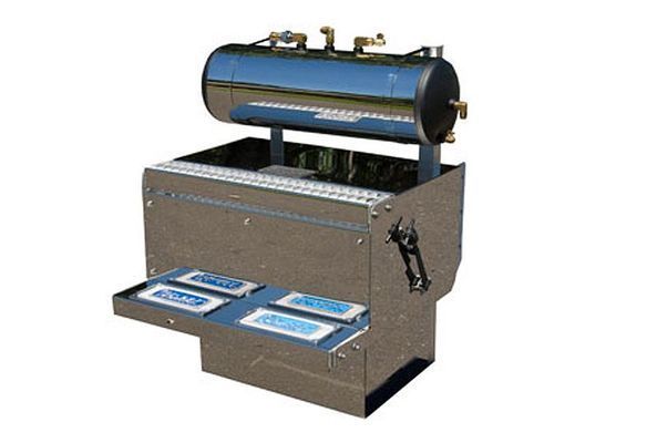 Stainless steel food warmer with a tank on top, four trays, and a handle.