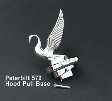 Chrome bird hood ornament with base and bolt, for Peterbilt 579 truck.
