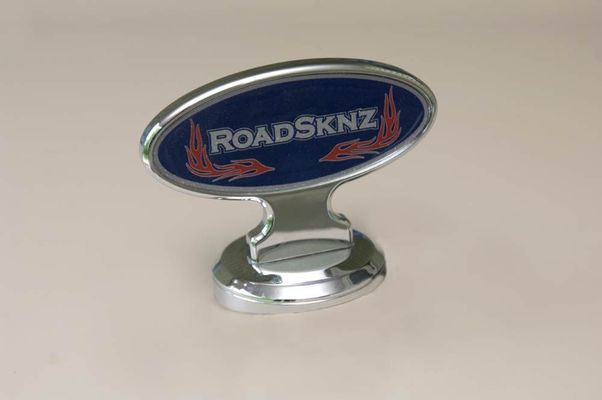 Chrome emblem with the text 