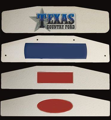 Four metal truck mud flaps with colored emblems: Texas Country Ford, blue rectangle, red rectangle, red oval.