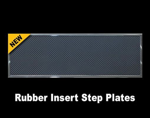 Rubber insert step plate with chrome trim; textured black surface;