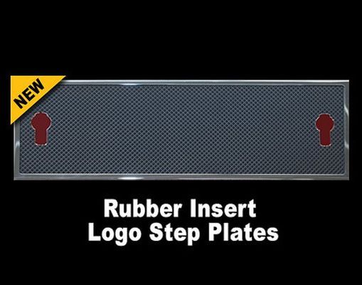Rubber insert logo step plates; gray, with red keyhole shapes, and a