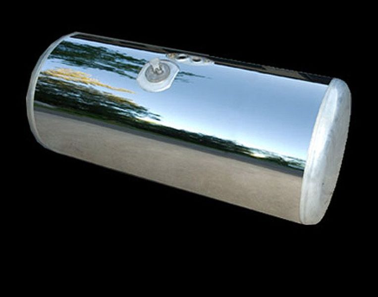 Shiny cylindrical metal fuel tank, possibly for a truck, with a reflective surface.