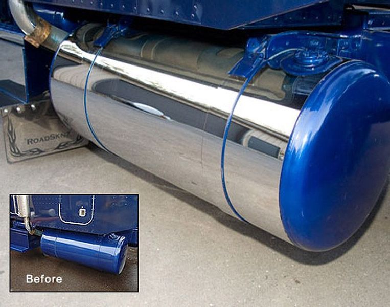 Chrome fuel tank on a blue truck, with a 