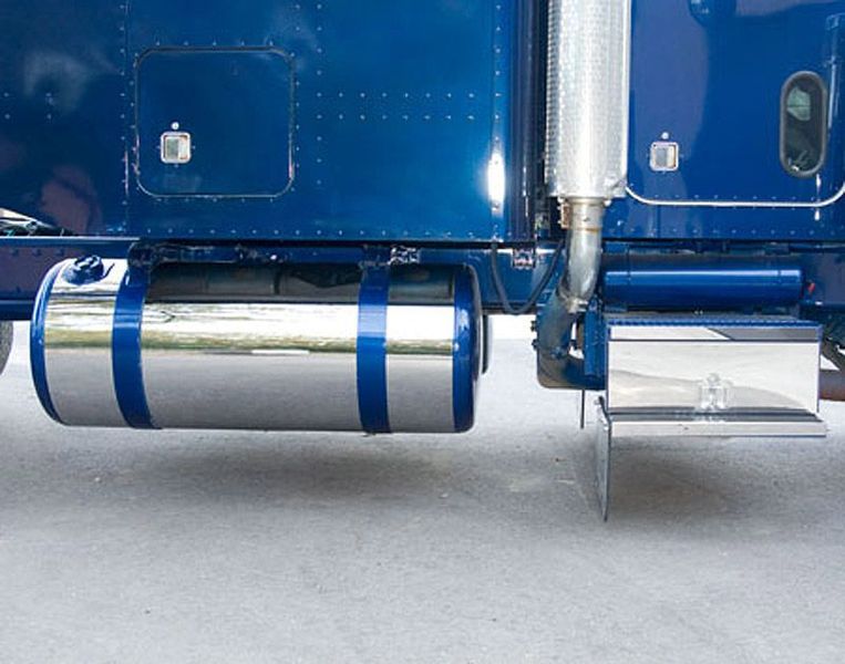 Blue semi-truck fuel tank and step, shiny chrome details.
