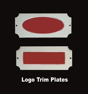 Two silver logo trim plates with red center. One oval, one rectangle.
