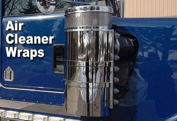 Chrome air cleaner wrap on a blue semi-truck.