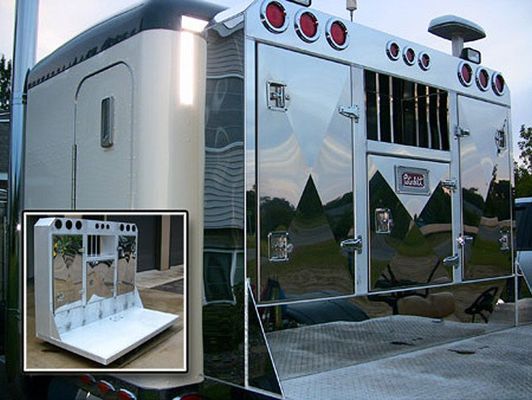 Shiny stainless steel truck cabin with a box on the back, and inset view of a similar cabinet.