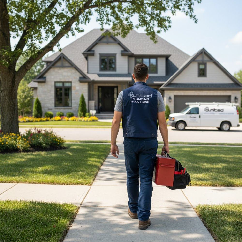 Plumber in a Unitad Plumbing uniform walks toward a house, carrying a toolbox; van parked in the background.