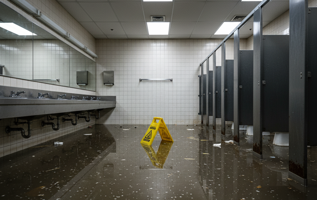 Flooded public restroom with a yellow caution sign.