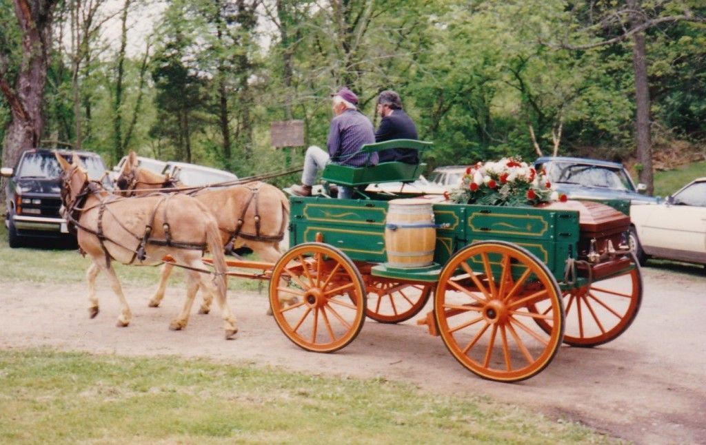 A horse drawn carriage with two people in it