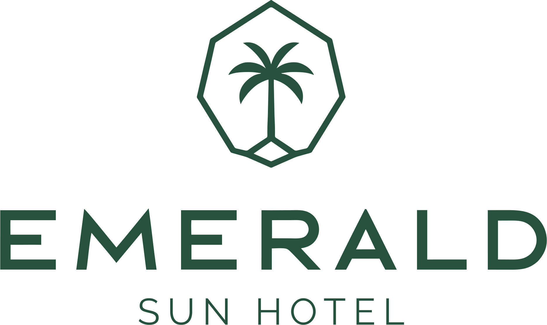 The logo for emerald sun hotel has a palm tree in a hexagon.