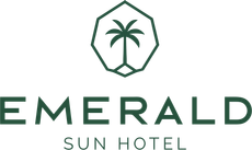 The logo for emerald sun hotel has a palm tree in a hexagon.