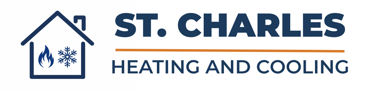 Company logo for St. Charles Heating and Cooling featuring a house icon with a flame and snowflake, and text below.
