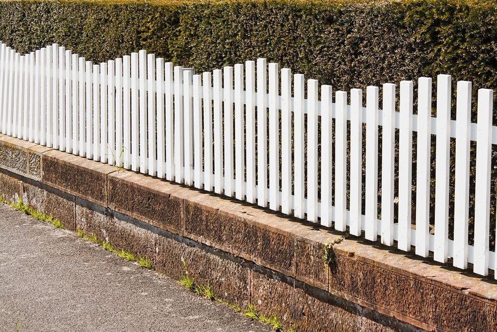 A White Picket Fence on a Brick Wall, in Front of a Green Hedge — Smiddy's Services In Terrigal, NSW