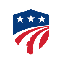 A red , white and blue shield with three stars on it.