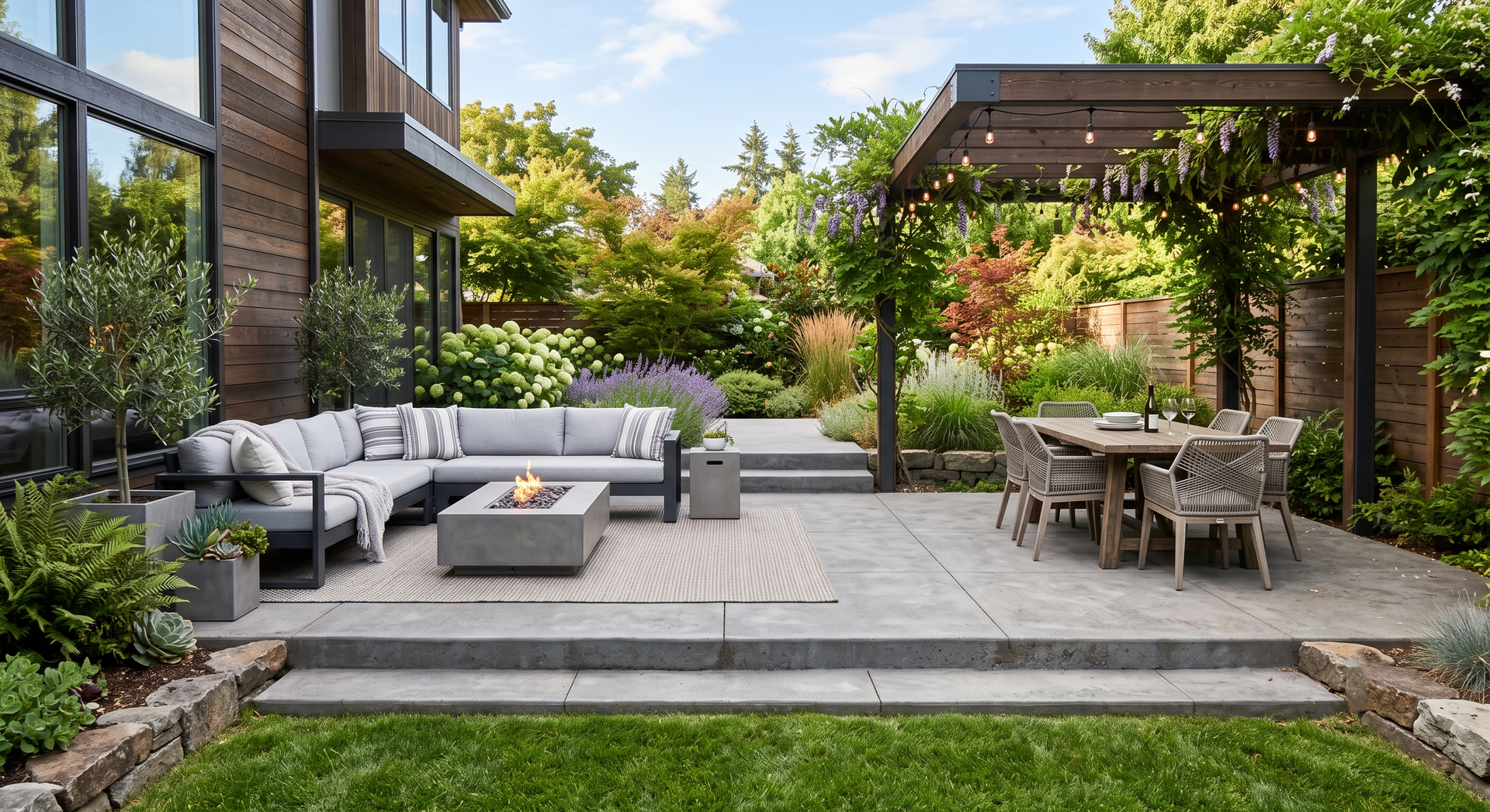 Modern patio with gray outdoor sofa, fire pit, dining set, and lush greenery beside a house
