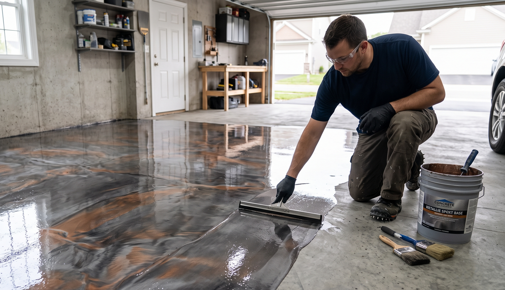 Worker spreading epoxy coating on a wet concrete garage floor with a squeegee