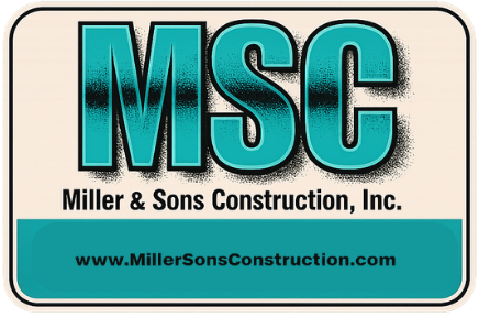 Logo for Miller & Sons Construction, Inc., featuring an orange-lettered name with a building icon on the left.