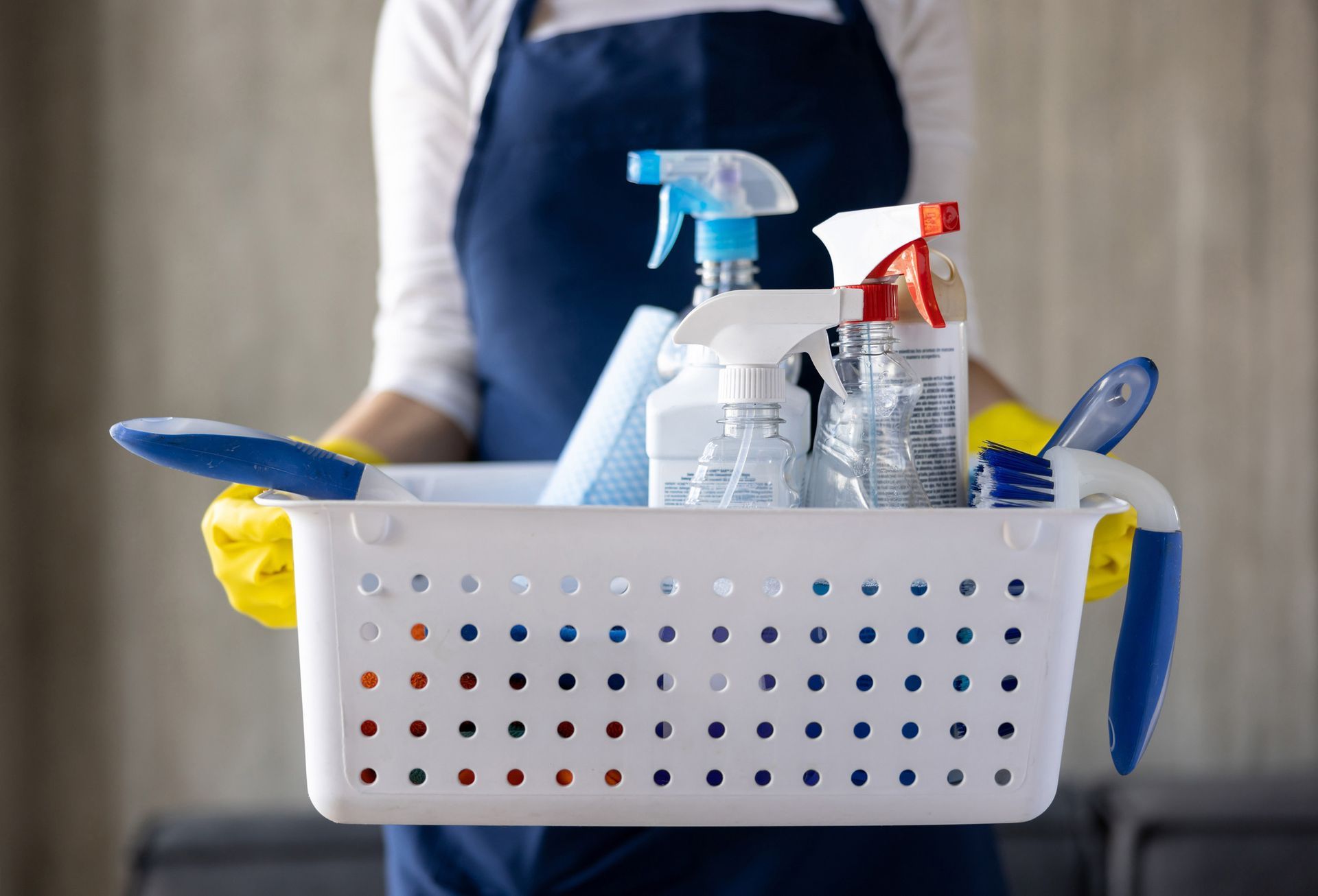 A woman is holding a basket full of cleaning supplies.